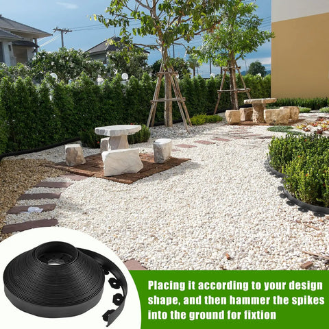 Landscape garden with 2-Inch By 200-Foot Landscape Edging Kit With 120 Spikes And 10 Connectors, edging coil in front