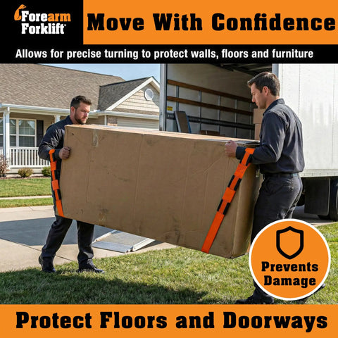 Two people using Two Person Moving Straps For Heavy Furniture And Appliances, Lifts Feel About Sixty Six Percent Lighter With Leverage