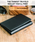 Top Grain Leather Trifold Wallet For Men With RFID Blocking, Ultra Strong Stitching, black wallet on wooden table