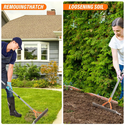 62 Inch Adjustable Thatch Rake With 19 Tines Nickel Steel For Lawn Dethatching And Soil Aeration in garden use
