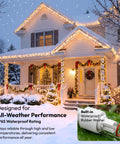House with festive outdoor lighting, snow-covered landscape, and inset of waterproof connector. Y Splitter Outdoor Lights Extension Cable 1 Male To 2 Female 3 Pin Splice Kit For Outdoor Lighting Easy Install Compatible With Govee Outdoor Lights Elite Series H705D H705E H705F H805A H805B H805C.