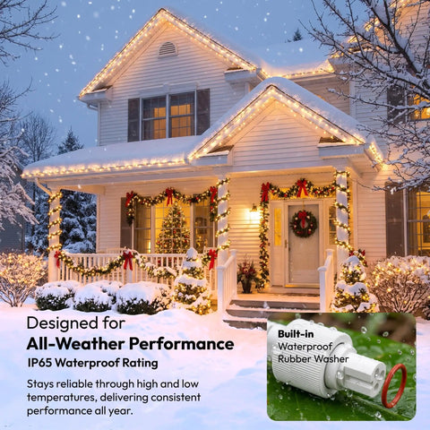 House with festive outdoor lighting, snow-covered landscape, and inset of waterproof connector. Y Splitter Outdoor Lights Extension Cable 1 Male To 2 Female 3 Pin Splice Kit For Outdoor Lighting Easy Install Compatible With Govee Outdoor Lights Elite Series H705D H705E H705F H805A H805B H805C.