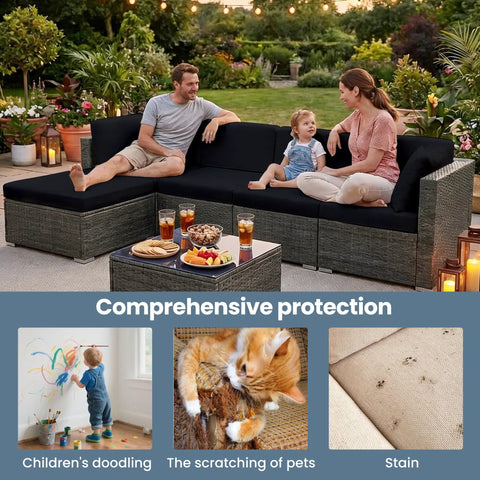Family on patio with 4 Pack Stretchy Outdoor Cushion Covers For Patio Furniture, Washable, Reusable Protector, Black.