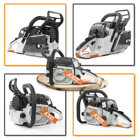 Five angles of Beefy Pro Grade Gas Chainsaw with 28 Inch Bar 72cc 2 Cycle Power Head Delivers 3.6KW 4.8HP shown on white background.