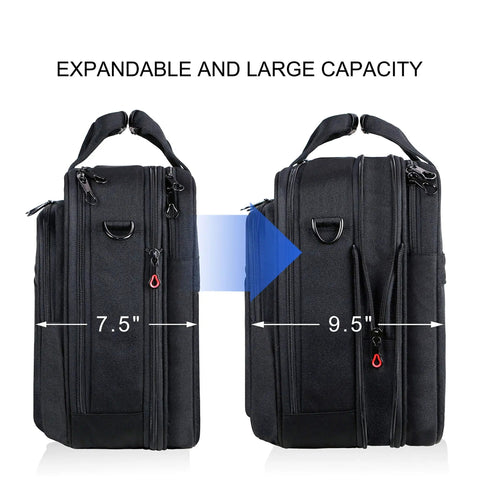 Expandable Water Repellent Laptop Briefcase For 17.3 Inch Laptop With RFID Pockets shown expanded from 7.5 to 9.5 inches