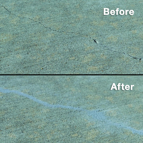 Before and after using Concrete Repair Patch And Crack Filler, Premixed Cement Repair in Gray on cracked concrete surface