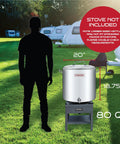 Heavy Duty Stainless Steel Insulated Double Wall Stock Pot 80 QT on stand in outdoor setting with measurements.