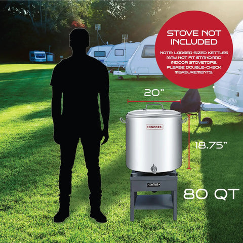 Heavy Duty Stainless Steel Insulated Double Wall Stock Pot 80 QT on stand in outdoor setting with measurements.