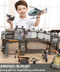 Child playing with Ultimate Military Base Toys Set With Army Vehicles, Action Figures and Weapon Gear, featuring helicopter.