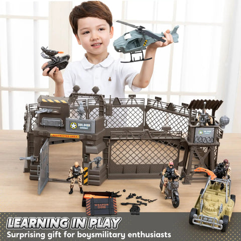 Child playing with Ultimate Military Base Toys Set With Army Vehicles, Action Figures and Weapon Gear, featuring helicopter.