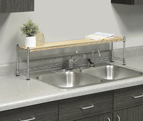Space Saver Sink Shelf With Wood And Chrome Finish over kitchen sink with plants and towels, instant above sink storage.
