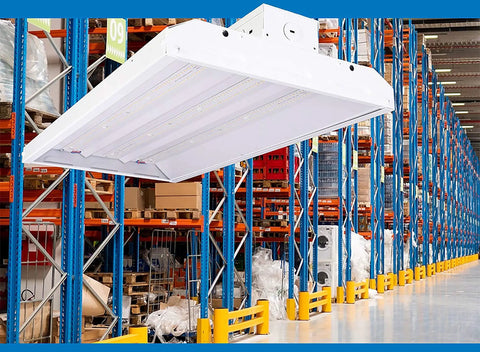 110W Linear LED High Bay Light 4000K Workhorse DLC Premium, 14,389 Lumens installed in a warehouse setting.