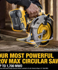 Badass Cordless Circular Saw Featuring Brushless Motor And 7-1/4 Inch Blade Pushing 5500 Rpm cutting through wood on a job site.