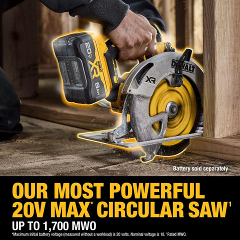 Badass Cordless Circular Saw Featuring Brushless Motor And 7-1/4 Inch Blade Pushing 5500 Rpm cutting through wood on a job site.