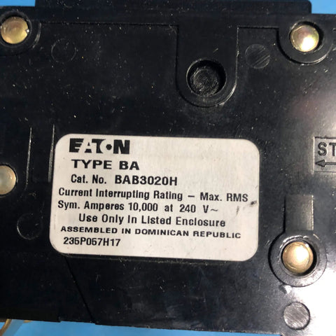 Label on 3 Pole 20 Amp Bolt On Circuit Breaker BAB3020H for panel installation, showing specs and assembly location