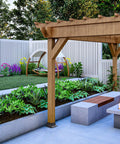 Beefy 4x4 Post Bases With Brackets And Internal Railing Anchors For 3.5x3.5 Wood Posts, Powder Coated Steel, used in garden setup