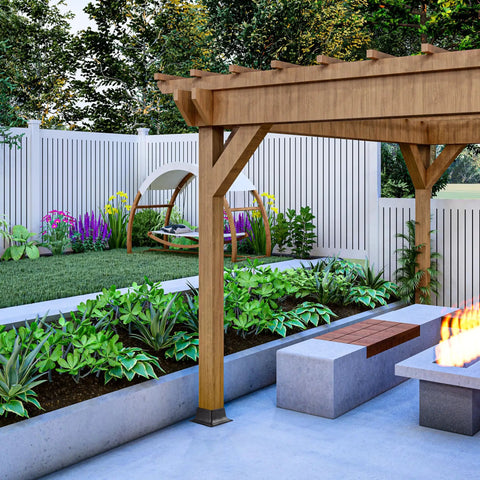 Beefy 4x4 Post Bases With Brackets And Internal Railing Anchors For 3.5x3.5 Wood Posts, Powder Coated Steel, used in garden setup