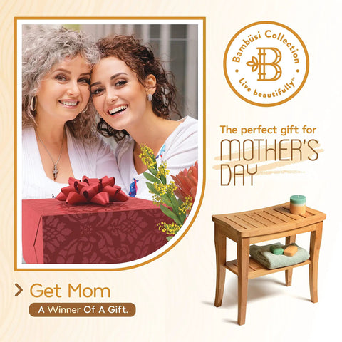 Dope Bamboo Shower Bench Spa Stool With 2 Tier Wood Seat And Storage Shelf displayed as a Mother's Day gift idea