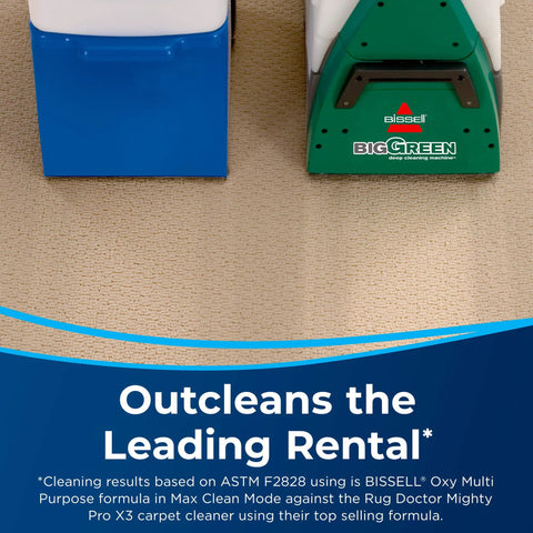Big Green Professional Carpet Cleaner With XL DirtLifter PowerBrush on a carpet next to a competing rental cleaner.