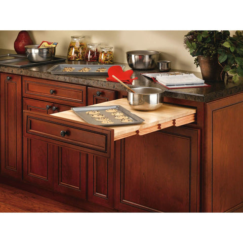 Killer Pull Out Tambour Counter Extender For 21 Inch Drawers Heavy Duty Maple Wood Sliding Cabinet Organizer with workspace in use.