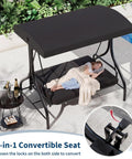 Three-Seat Outdoor Porch Swing With Adjustable Canopy For Sun Protection, Sturdy 800 Lb Heavy Duty Steel Frame, Reclines To A 180 Degree Swing Bed, Cup Holder Trays, Cushions And Pillows For Garden, Black, shown by a poolside with a woman reclining.