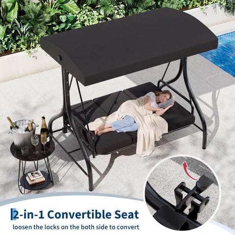 Three-Seat Outdoor Porch Swing With Adjustable Canopy For Sun Protection, Sturdy 800 Lb Heavy Duty Steel Frame, Reclines To A 180 Degree Swing Bed, Cup Holder Trays, Cushions And Pillows For Garden, Black, shown by a poolside with a woman reclining.