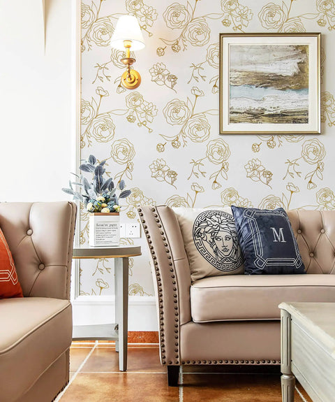 Living room with Gold And White Floral Peel And Stick Wallpaper Self Adhesive Removable Covering For Bedroom 393x17.3 Inches