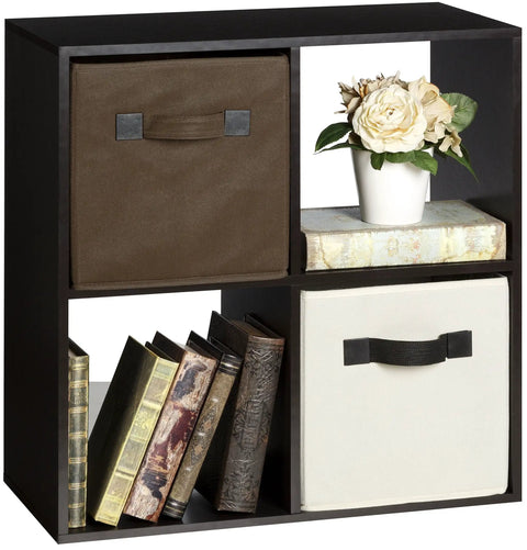 Espresso 4 Cube Organizer Desk With Built In USB Charging Hub And Dual Plug Charger; books, storage bins, and decor