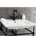 Heritage Matte Black Two Handle Bathroom Faucet with brass pop-up drain on white sink in classic bathroom setup
