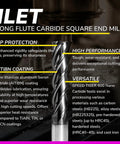 Micrograin Carbide Square Long Flute End Mill with tip protection and AlTiBN coating for alloy steels and cast iron.
