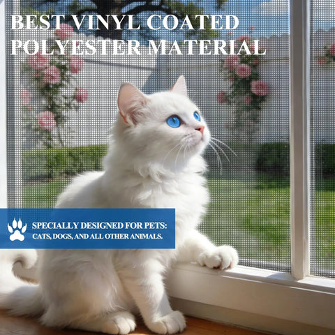 White cat looking through Pet Proof Window And Door Screen Replacement Mesh 60 By 96 Inches Heavy Duty Vinyl Coated Polyester