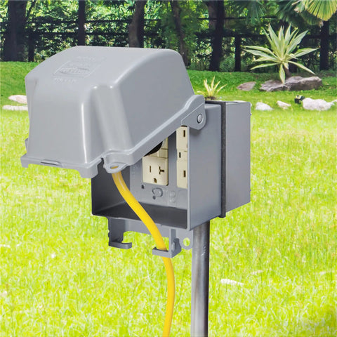 Extra Duty RaynGuard Metal Weatherproof In Use Cover for Outdoor 2 Gang Electrical Outlets in gray, mounted on post.