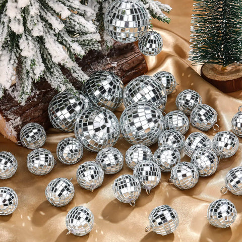 65 Piece Disco Ball Decorations Set With Mini Reflective Mirror Balls In Silver, Foam Core With Sequin Shine under Christmas tree