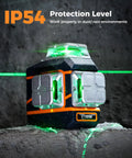 Game Changing Ultra Bright Green Laser Level 3x360 Self Leveling For Construction And Picture Hanging With 1x360 Horizontal And 2x360 Vertical Lines, IP54 Durable, Pinpoint Accuracy 1/9 Inch At 33 Feet, Six Line Modes For Indoor Or Outdoor Projects. IP54 laser level showing green beams