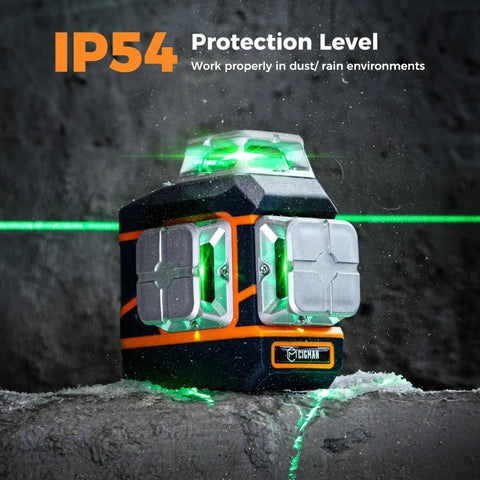 Game Changing Ultra Bright Green Laser Level 3x360 Self Leveling For Construction And Picture Hanging With 1x360 Horizontal And 2x360 Vertical Lines, IP54 Durable, Pinpoint Accuracy 1/9 Inch At 33 Feet, Six Line Modes For Indoor Or Outdoor Projects. IP54 laser level showing green beams