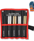 10 Piece Wheel Alignment Pin Set Heavy Duty Steel Alloy Wheel Hanger Guide Tool For Pros Universal Fit With M14x1.25 M14x1.5 M12x1.25 M12x1.5 And M15x1.25 Threads Keeps Wheels Steady While You Loosen Lug Bolts displayed in a red pouch with gloves