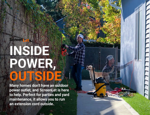 Man using hedge trimmer with Window Screen Power Portal Pass-Through Attachment Clip-On for Outdoor Power Access in backyard.