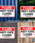 Two Pack Keep Gate Closed Signs, 7 By 10 Inch Reflective Aluminum Gate Signs for Outdoor Fences displayed on different surfaces