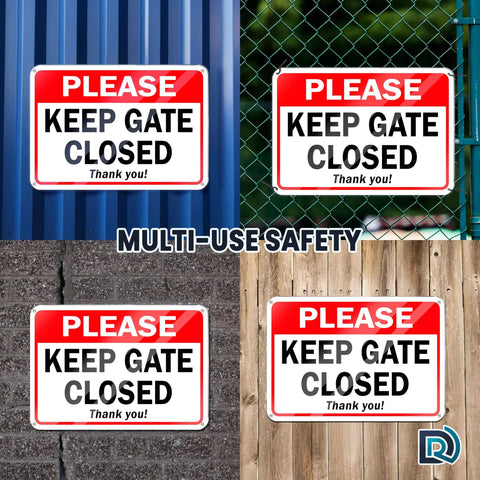 Two Pack Keep Gate Closed Signs, 7 By 10 Inch Reflective Aluminum Gate Signs for Outdoor Fences displayed on different surfaces
