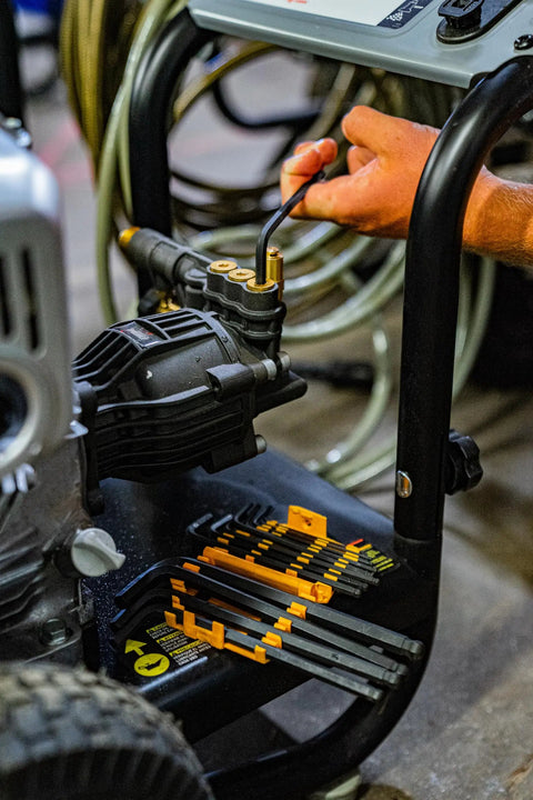 Person using 26 Piece SAE And Metric Ball End Long Arm Hex Key Set For Tight Spaces, Ball End Hex Keys With Long Reach, Alloy Steel on equipment