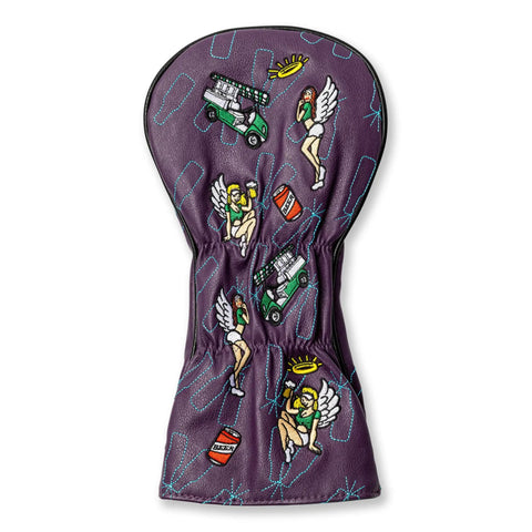 Purple golf head cover with unique angel golfer design. Protect Your Golf Clubs With Tour Quality Synthetic Leather Head Covers For Woods And Drivers Customizable Design With Dope Unique Styles A Solid Gift For Christmas Or Fathers Day Built To Last And Turn Heads On The Course.