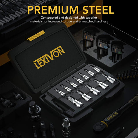 Tamper Proof Torx Bit Socket Set, 13 Piece In S2 Alloy Steel With Hardened Chrome Vanadium Sockets, organized in black case