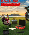 Road Trip Ready Waterproof Hard Case For Starlink Mini Kit open on grass next to woman camping with scenic sunset view