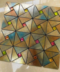Windmill Glass Polished Rainbow Peel and Stick Backsplash Tile Kit for Kitchen Fireplace and Bathroom Aluminum Composite 3D Metal Look Easy Apply 10 Sheet Set with Strong Adhesive and Durable Finish, showcasing colorful geometric pattern.