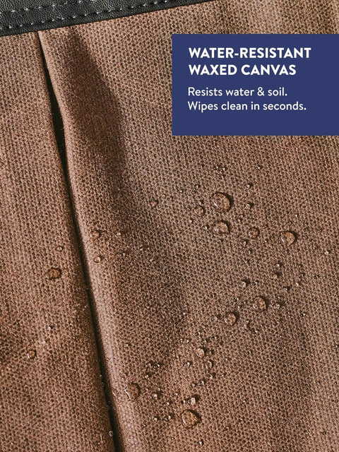 Close-up of waxed canvas material on the Waxed Canvas Garden Tool Tote With Eight Exterior Pockets, showing water resistance.
