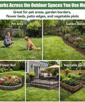 Collage of No Dig 10 Panel Decorative Garden Fence Set creating animal barrier around pet area, garden border, flower bed, patio, and vegetable garden.