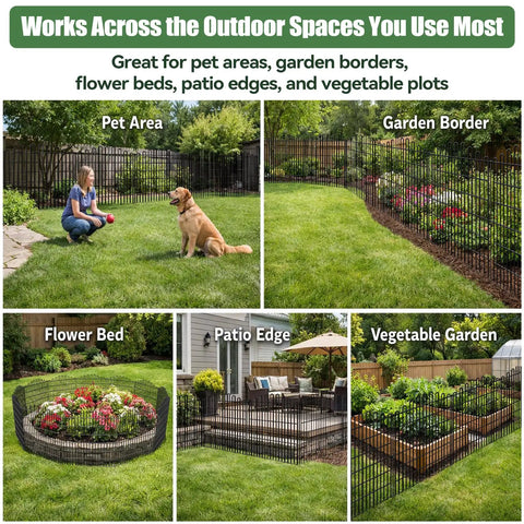 Collage of No Dig 10 Panel Decorative Garden Fence Set creating animal barrier around pet area, garden border, flower bed, patio, and vegetable garden.