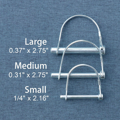 Beefy Heavy Duty Trailer Coupler Pin Pack Of 4 Zinc Plated Carbon Steel Hitch Pin Safety Locking Pins One Quarter Inch By Two Point Sixteen Inches Rust Resistant And Ready For Real World Towing in small size shown with large and medium size pins on blue fabric background