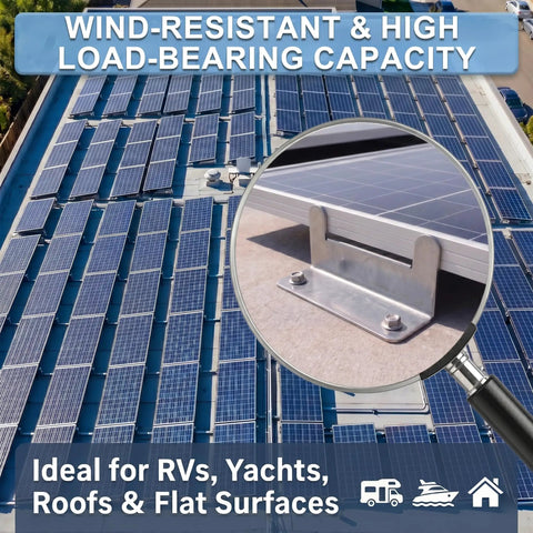 Heavy Hitter Solar Panel Z Bracket Mounts 16 Pack Thick Reinforced Stainless Steel on solar panels, ideal for RV setup and camp life.