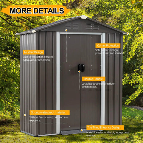 5x3 Foot Outdoor Storage Shed With Window And Lockable Door Waterproof Weather Resistant Tool Shed For Garden Backyard And Patio Dark Gray Heavy Duty Metal Storage For Tools Lawn Gear Bikes And More with double handle and air vent